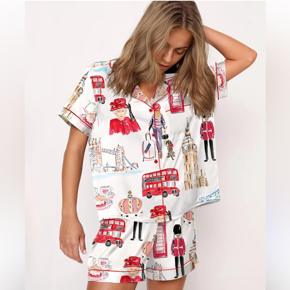 Charming London Print Women's Pajama Set - Red and White NWOT